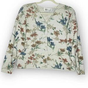 Tapestry Button Down Cream Floral Cardigan Sweater Women Medium Vintage Oversize